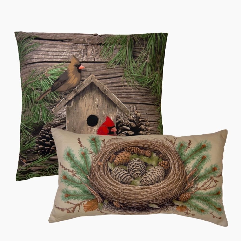 Cardinal Pine Printed Large Throw Pillow Set Country Cabin Lodge Red Bird Rustic